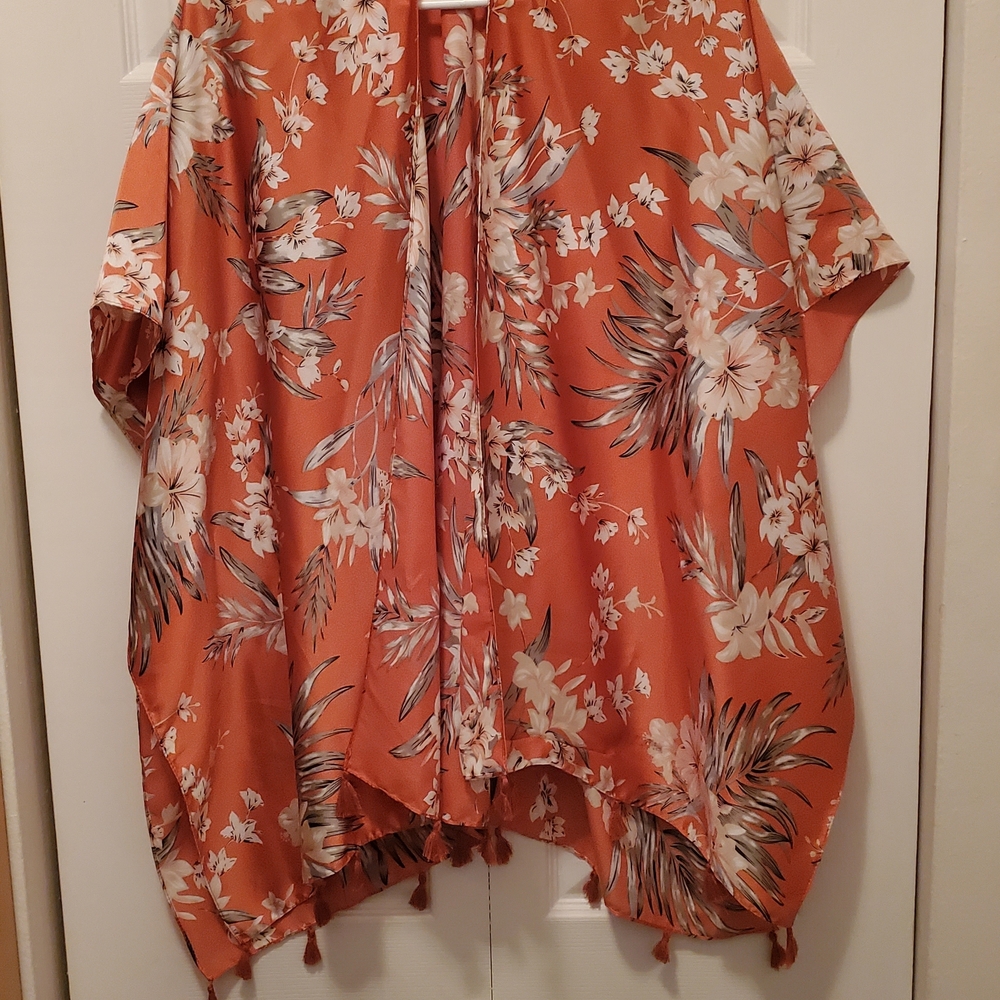 Coral/Orange Boho Floral Kimono Cover Up Cardigan With Tassel Hem One Size